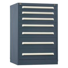 a blue tool cabinet with five drawers on each side and six metal bars at the bottom