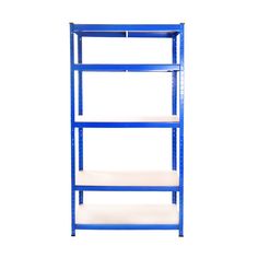 blue shelving unit with three shelves and one shelf on the bottom, against a white background