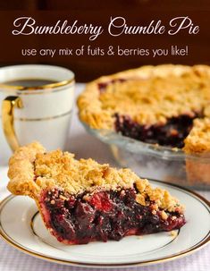 a slice of blackberry crumble pie on a plate