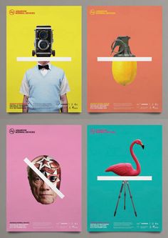 four different posters with flamingos and cameras on them