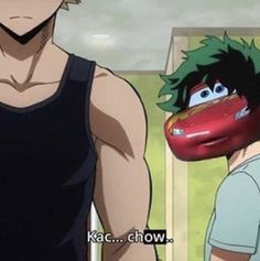 an anime character wearing a red helmet next to another character in a black tank top