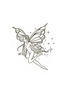 a drawing of a fairy sitting on the ground with her wings spread out and stars in the background