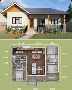 two story house plans are shown with the measurements for each floor and one bedroom on top