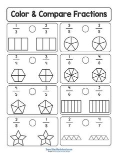 color and compare fraction numbers worksheet for kids to practice comparing fractions with