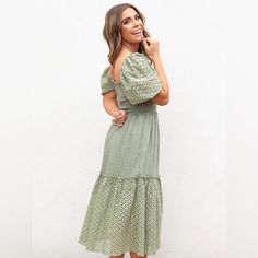 Step Outside In Style With Vera. This Charming Dress Is Designed With A Flattering Silhouette, Flirty Puff Sleeves, Smocked Bodice, And Eyelet Details. Style Info & Care Nursing Friendly Smocked Bodice Puff Eyelet Sleeves Square Neckline Ruffled & Eyelet Hemline Solid Woven Texture Lined Self: 97% Polyester 3% Spandex, Contrast: 100% Cotton, Lining: 100% Polyester Approx. Length: 40.5” Hand Wash With Cold Water, Do Not Bleach, Line Dry, Iron Low Model Info Model Is 5'5” And Is Wearing Size Small Spring Dress With Smocked Cuffs And Square Neck, Summer Puff Sleeve Maxi Dress With Smocked Bodice, Fitted Peasant Dress With Smocked Bodice For Spring, Spring Peasant Dress With Smocked Cuffs, Spring Fitted Peasant Dress With Smocked Back, Summer Smocked Puff Sleeve Dress, Spring Flowy Peasant Dress With Smocked Back, Flowy Peasant Dress With Smocked Back For Spring, Spring Vacation Smocked Dress With Puff Sleeves