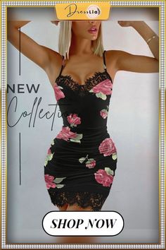 Floral Print Contrast Lace Bodycon Cami Dress Spring Bodycon Cami Dress With Built-in Bra, Bodycon Cami Dress With Built-in Bra, Lace Cami Dress With Built-in Bra, V-neck Floral Print Fitted Bodycon Dress, Black Floral Print Mini Bodycon Dress, Lace Bodycon, Color Pick, Cami Dress, Women's Fashion Dresses