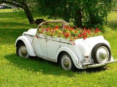 an old white car with flowers in the back