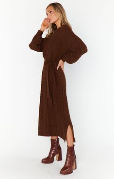 Barb Sweater Dress ~ Chocolate Cable Knit Brown Sweater Dress, Flower Midi Dress, Cable Knit Dress, Cable Knit Sweater Dress, Warm Chocolate, Formal Dress Shops, Fall Dress, Sweater Dress Midi, Dress With Tie