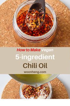 the ingredients for 5 - ingredient chili oil on a cork coaster with a spoon in it