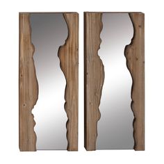 two mirrors that are next to each other on a white background and one is made out of wood