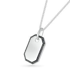 Pique his interest with the wearable style of this black diamond octagon-shaped frame dog tag pendant in silver. Fashioned in sterling silver Alluring black diamonds set in black rhodium plate line the border of the octagon-shaped dog tag. Captivating with 1/4 ct. t.w. of diamonds This pendant suspends along a 22.0-inch box chain that secures with a lobster claw clasp. Silver Octagon Engraved Jewelry, Silver Hexagon Jewelry With Diamond Accents, Classic Silver Hexagon Jewelry, Classic White Gold Dog Tag Jewelry, Dog Tag Pendant, Peoples Jewellers, Men Jewelry, Black Diamonds, Black Rhodium