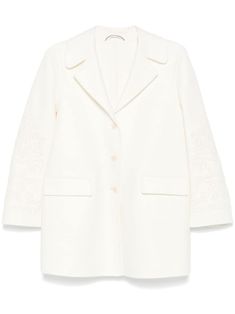 white virgin wool felted front button fastening notched collar long sleeves embroidered motif two side flap pockets central rear vent straight hem Single Breasted Coat, Ermanno Scervino, Single Breasted Jacket, Notched Collar, Women's Coats & Jackets, Denim Pant, Denim Top, Single Breasted, Womens Clothing Tops