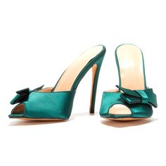 Shop Green Satin Open Toe Stiletto Mules Shoes Pumps with Bow color Green for Music Festival, Party, Wedding, Work with worldwide Free shipping & Free return. Music Festival Party, Chic High Heels, Fancy Bows, High Heel Mules, Toes Designs, Pumps Heels Stilettos, Satin Heels, Bow Heels, Shoes Pumps