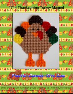 an image of a cross stitch turkey ornament on a green and yellow striped background