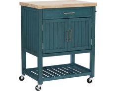 a blue kitchen cart with a wooden top