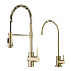 a kitchen faucet with two handles and a hose attached to the faucet