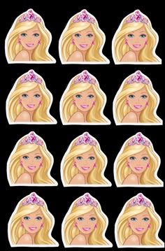 barbie doll stickers with blonde hair and pink flowers on her head, set of six