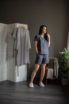 "Pyjama set: shorts + t-shirt. This sporty and casual set is crafted from soft-washed linen and will provide you with exceptional comfort night and day. You can wear top and bottom together as pyjama set at your home or separately as shorts and T-shirt mixing and matching them with other pieces of your clothing for a street look.  Shorts feature an elasticated drawstring to tighten your waist, side pockets. The minimalistic top is styled with a V neckline, short sleeves, and a relaxed fit. The model is with charcoal grey color pyjama.  SIZE CHART:  XS-4 US/ 6UK/ 36 EU: Bust 33\" (84 cm) , Waist 25\" (63,5 cm), Hips 36,2\" (92 cm)  S-6 US/ 8UK/ 38 EU: Bust 34,6\" (88 cm) , Waist 26,6\" (67,5 cm), Hips 37,8\" (96 cm) M-8 US/ 10UK/ 40 EU: Bust 36,2\" (92 cm), Waist 28,3\" (72 cm), Hips 39,4\" Casual Home Sets For Summer, Casual Summer Home Sets, Relaxed Fit Sets For Summer Relaxation, Summer Relaxed Fit Pajama Shorts For Home, Summer Lounging Short Set With Relaxed Fit, Summer Pajama Shorts For Home, Casual Short Sleepwear For Home, Casual Sleep Short Set, Summer Home Pajama Shorts