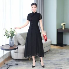 Fashion-Forward New Luxurious Elegant Black Lace Chinese Long Dress Cheongsam Qipao lcdress77 for