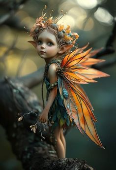 a little fairy sitting on top of a tree branch