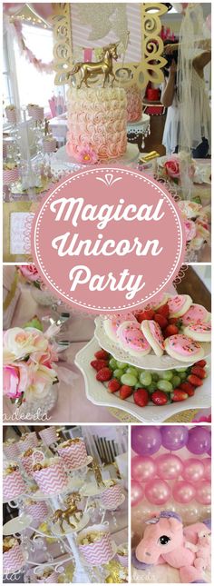 a collage of photos with pink and gold decorations on it, including cake, cupcakes, strawberries, and other items