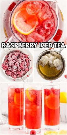 raspberry iced tea recipe with lemons and ice cubes in glasses on the side