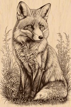 a drawing of a fox sitting in the grass