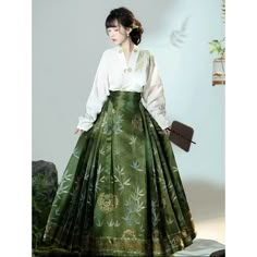 Ming Dynasty-Style Hanfu Size Xs New Mamian Two-Piece Set, Bamboo Print Skirt For The Blouse: - Sleeve Length: 62.5 Cm (24.6 Inches) - Sleeve Opening: 12.5 Cm (4.9 Inches) - Total Sleeve Length: 153 Cm (60.2 Inches) For The Horse Face Skirt (Mamian Skirt ): - Skirt Length: 96 Cm (37.8 Inches) - Skirt Head Width: 7 Cm (2.8 Inches) - Skirt Door Width: 24 Cm (9.4 Inches) - Skirt Waist Length: 92 Cm (36.2 Inches) - Suitable Waist Circumference: 54-74 Cm (21.3-29.1 Inches) New With Tag And Package Th Chinese Attire Traditional Dresses, Modern Hanfu Skirt, Elegant Green Long Skirt Sets, Green Dresses For Tea Ceremony, Green Wedding Skirt For Spring, Green Spring Wedding Skirt, Spring Wedding Green Skirt, Traditional Green Skirt For Spring, Hanfu Skirts