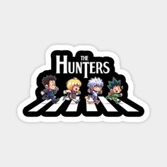 the hunters sticker is shown in black and white, with three cartoon characters on it