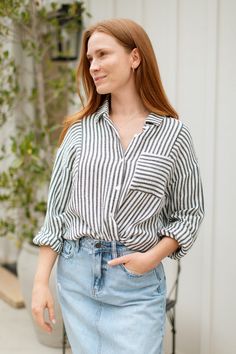 Stay cool and stylish this summer with our Zuma Button Down, featuring pretty iridescent buttons and a raw hem. This super lightweight top offers an effortless, relaxed, and roomy fit, making it perfect for warm weather. Best of all? Its 100% cotton! Wear it buttoned up for a polished look or unbuttoned over a swimsuit or tank for a breezy, casual vibe. This versatile piece is a must have summer staple! Malibu Collection FIT Relaxed Roomy Fit Iridescent Buttons High-Low Raw Hem Clancy is 5'9 Wea Jeans Material, Maternity Shops, Basic Dress, Large Buttons, Lightweight Tops, Summer Staples, Stay Cool, Jeans For Sale, Polished Look