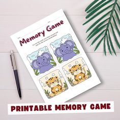 a printable memory game for kids with tiger and elephant pictures on the front cover