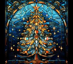 a stained glass window with a christmas tree on it