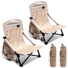 two folding chairs with carrying bags on the back and one empty bag next to it