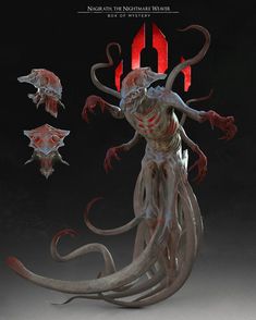 an image of a demonic creature with tentacles and blood on it's face, standing in front of a dark background