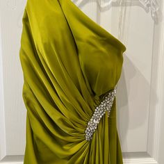 This Beautiful Dress Is Size 40 (Us 8) In Light Green Color. The Material Is Silk Green Draped Evening Dress, Elegant Green Draped Gown, Elegant Draped Green Gown, Green Pre-draped Evening Gown, Green Draped Evening Gown, Green Draped Gown For Evening, Green Pre-draped Evening Dress For Formal Events, Green Draped Gown For Party, Green Satin Cocktail Gown