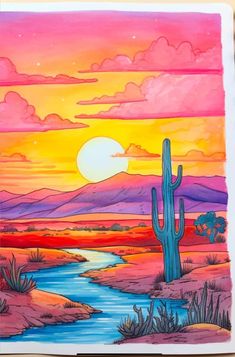 a painting of a sunset with a cactus in the foreground and a river running through it