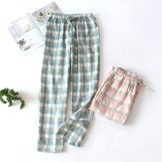 Casual Cotton Sleepwear Trousers, Stretch Cotton Bottoms For Pajama Party, Cotton Sleepwear Straight Pants, Summer Plaid Loungewear Pants, Summer Plaid Pants For Loungewear, Green Stretch Cotton Sleepwear, Stretch Cotton Pants For Pajama Party, Plaid Bottoms With Pockets For Loungewear, Casual Plaid Lounging Bottoms