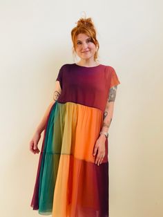 I couldn't even wait to hem this dress to post these - it's THAT beautiful! I've got these temporary photos (of yours truly) for now, in the Prism in Sunset. A darker, more jewel-toned version of the original Prism gradient. We will not have very many of these, so get 'em while the gettin's good! <3 Bring a splash of color to your wardrobe with our Prism Tiered Midi Overlay Dress. Crafted from lightweight chiffon, this exclusive dress features bold sheer rainbow layered tiers for a unique look. Upcycled Couture, 2024 Clothes, Spring Palette, Dopamine Dressing, Teacher Clothes, Exclusive Dress, Overlay Dress, Yours Truly, Splash Of Color