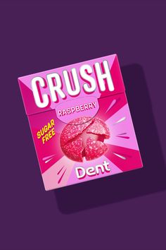 a box of sugar free dental gum sitting on top of a purple background with the word crush