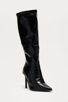 Available In Black And Ivory. Knee High Heeled Boots Pointed Toe 4" Ultra High Heel Imported | Justine Knee High Boots in Black size 9 by Fashion Nova Fitted Synthetic Knee-high Boots For Workwear, Fitted Faux Leather Boots With 4-inch Heel, Elegant Fitted Synthetic Heeled Boots, Fitted Synthetic Heeled Boots For Work, Fitted Synthetic Heeled Boots For Evening, Elegant Synthetic Knee-high Boots For Spring, Fitted High Ankle Synthetic Heeled Boots, Party Tall Heeled Boots In Faux Leather, Fitted Synthetic Heeled Boots For Night Out