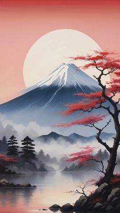 a painting of a mountain with trees and water in the foreground, under a pink sky