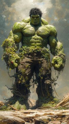 an image of a giant man in the middle of some grass and rocks with his hands on his hips