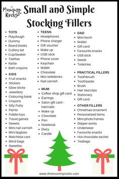 christmas stocking fillers list with the words small and simple