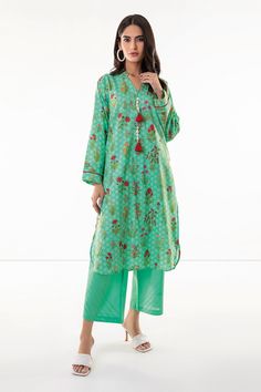 Khaadi J L JLA22302 Turquoise Cambric Lawn 2022 Green Kurta With Printed Motifs For Spring, Green Printed Kurta For Spring, Green Floral Print Casual Lawn Suit, Casual Green Lawn Suit With Printed Motifs, Casual Green Kurta For Spring, Green Long Sleeve Kurta For Spring, Spring Green Kurta With Printed Motifs, Green Printed Summer Kurta, Summer Green Kurta With Digital Print