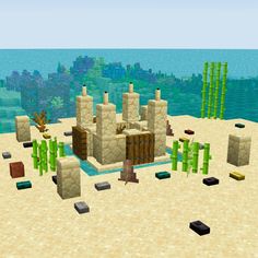 Minecraft decoration design for ideas and inspiration. This sandcastle build is displayed in the "Minecraft Decorations - Curious Collections" world map (java), which can be downloaded for free from the Mediafire link. This huge collection includes a wide variety of statues, animal figures, Japanese torii gates, monuments, pillars, Minecraft villager and other mob statues, fun models of creatures and monsters, pixel art, totem poles, banners, and more. Minecraft Sunflower Aesthetic, Minecraft Floor And Wall Combos, Minecraft Silly Builds, Things To Build In Minecraft House, Genshin In Minecraft, Minecraft Building Ideas Waterfall, Minecraft Architecture Ideas, Desert Gate Minecraft, Minecraft Dolphin Tank