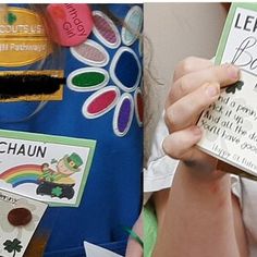 a child holding up a book with pictures and words on the front cover that read leprechaun