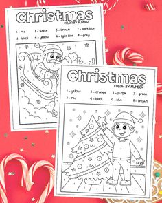 two christmas coloring pages next to candy canes