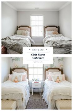 two twin beds in a bedroom with white walls