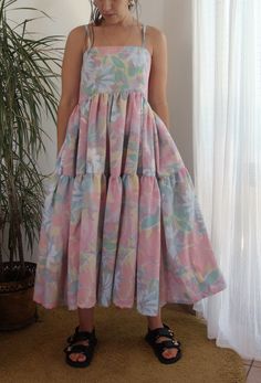 "Watercolor floral print maxi full dress handmade by me. This is a pastel pink/ green/ blue / yellow  midi dress handmade by a vintage tablecloth.  Be aware that this is a vintage tablecloth and has some wear. Size XS/S. Measurements lying flat: Bust: 41cm / 16.1\" Length: 120cm/ 47.2\"" Summer Patchwork Pink Maxi Dress, Flowy Multicolor Floral Patchwork Dress, Vintage Multicolor Floral Print Dress, Full Maxi Dress, Playful Pink Floral Cotton Dress, Non-stretch Multicolor Floral Print Maxi Dress, Watercolor Floral Print, Yellow Midi Dress, Tablecloth Sizes