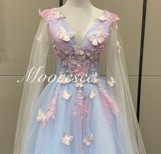 Deep V Pink 3D Butterfly Flower Blue and Purple Tull Ball Gown - Etsy Blue And Purple Wedding Dress, Blue Grad Dresses, Fae Ball, Butterfly Prom Dress, Butterfly Gown, Unicorn Things, Sneaker Ball, Best Gowns, Prom Birthday